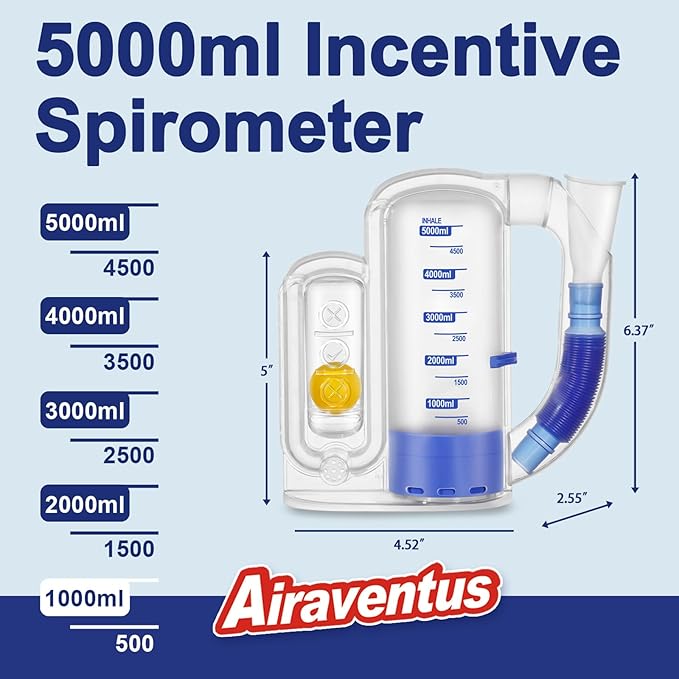 Incentive Spirometer Adult, Flutter Breathing Exercise Device for Lungs, Deep Breathing Trainer for Adults - 5000ml Volume Measurement with Flow Rate Indicator