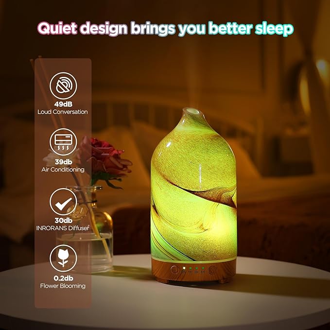 Essential Oil Diffuser Hand Blown Glass Aromatherapy Diffuser - Ultrasonic Cool Mist Scent Aroma Diffuser, Whisper Quiet with Auto Shut-Off, Timer Setting &7 Colors Night Light for Home