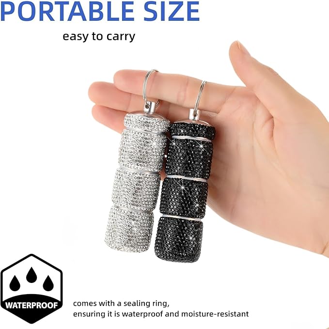 Keychain Pill Holder Box Travel Small Pill Case Bling Portable Purse Medicine Case Container Metal Pill Organizer Fob for Vitamin Medicine(Black)