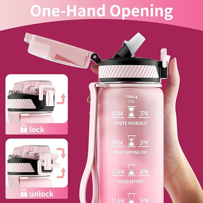 Water Bottle with Straw, 27oz Motivational Water Bottles with Time Marker to Drink, Tritan BPA Free, 750ml Sports Water Bottle with Carry Strap LeakProof for School Fitness Outdoor (1Pack)