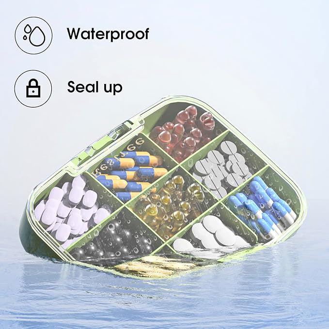 Restree Pill Organizer, Large & Waterproof Travel Pill Case, Adjustable Dividers for Daily Vitamins, Supplements, Fish Oil - Portable Medicine Box for Home & On-The-Go, 9 Compartment (Green)
