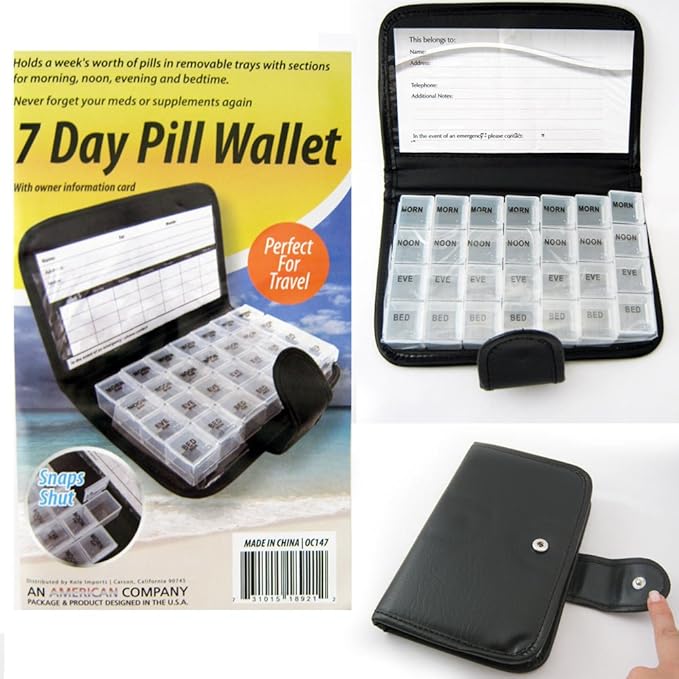 Deluxe 7 Day Pill Organizer Dispenser Box in Wallet Weekly Medicine Travel Case
