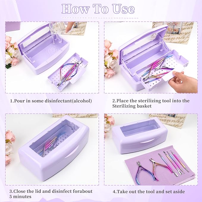 Nail Tool Sterilizer Box, Plastic Sterilizing Tray, Plastic Clean Sterilizing Box Storage Organizer for Nail, Tweezers, Eyelash Extensions, Hair Salon, Spa & Cutter Manicure Equipment(Purple)