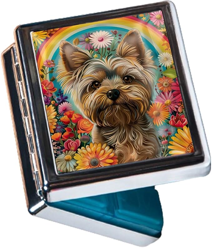 Cute Travel Pill Box Organizer with 8 Compartments - Compact and Fashionable Pill Case with Mirror - Ideal for Medications (Floral Dog)
