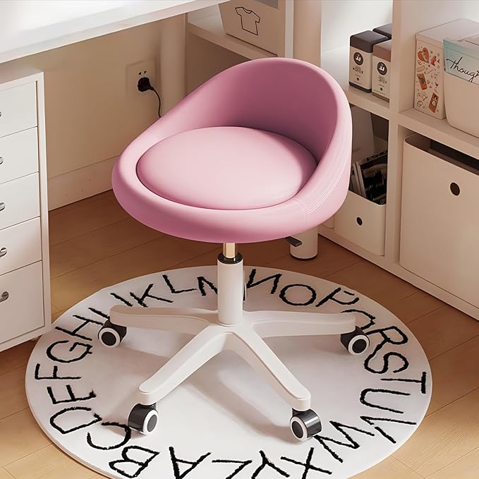 Rolling Stool Chair with Backrest, Round PU Leather Adjustable Height Hydraulic Swivel Rolling Stool for Spa Salon Tattoo Massage Doctor Dental Medical Office Pink