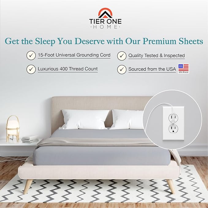 Fitted Grounding Sheets for Earthing, 5% Silver Fiber + 95% Certified Organic Cotton for Better Sleep and Pain Relief. Deep Pockets. Includes Grounding Wristband & Cords (Queen)