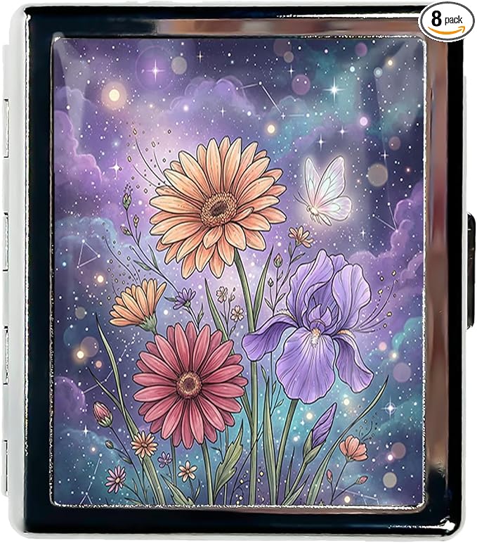 Metal 7 Day Pill Organizer, Cute Small Weekly Pill Case with 8 Compartments for Travel, Moisture-Proof Medicine Holder for Purse, Compact Daily Vitamin Box (Celestial Garden)