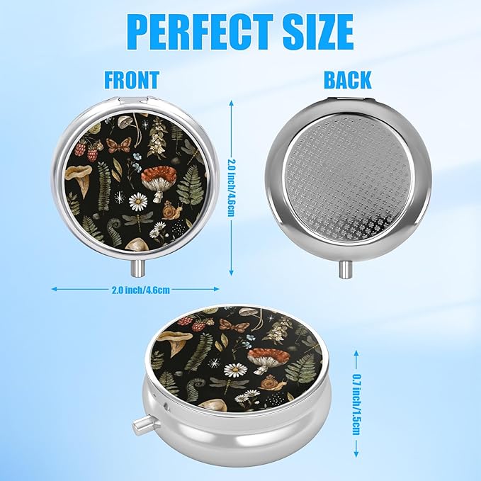 Black Mushroom Pill Case, Pill Box 3 Compartments Metal Small Pill Holder with Mirror Mini Travel Pill Container for Purse Pocket Women Men