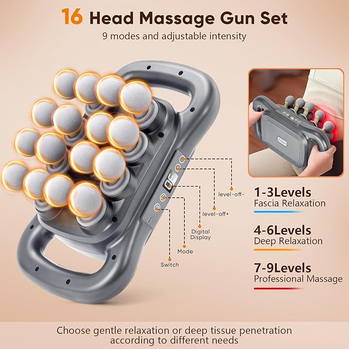 16 Head Massage Gun, Deep Tissue Relief with 9 Modes,Quiet Percussion Massager for Neck/Back/Leg Pain, Muscle Massager for Athletes Office Workers
