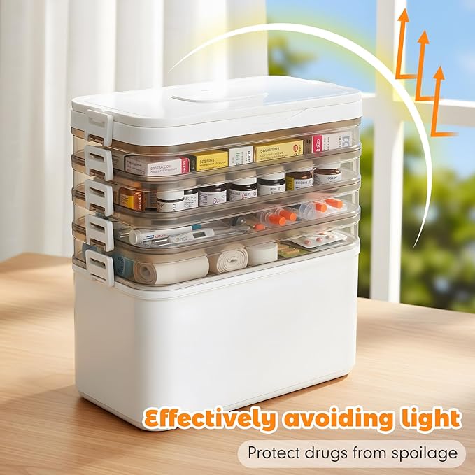 5-Tier Medicine Organizer-12 x 7 x 12.2 Inch Portable Medicine Cabinet Organizer with Plastic Handle All-Purpose Medical Box with Complimentary Portable Pill Box Empty First Aid Kit for Home