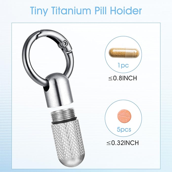 Small Pill Case Keychain Tiny Portable Carabiner Clip Pill Holder Bottle Micro Waterproof Metal Pill Container Mini Emergency Medicine Organizer (Silver Reticulation)