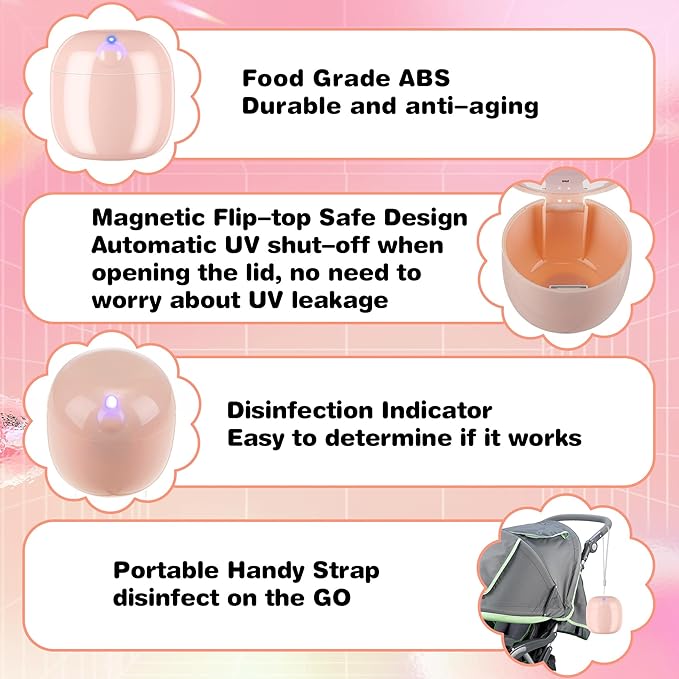 Qualirey Portable Pacifier Disinfection, Mini UV Light Disinfection, 99.99% Disinfection in 3 Mins, USB Rechargeable, Mini UVC Disinfection Box for Baby Pacifier, Bottle Nipples, Teethers (Pink)