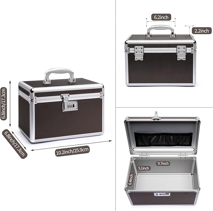 Lockable Medication Box with Portable Storage Case, 10.2''x 6.8''x 6.8'', Childproof Medicine Lock Organizer， Lockbox for Secure Cash, Jewelry, ID Documents (Coffee/Small)