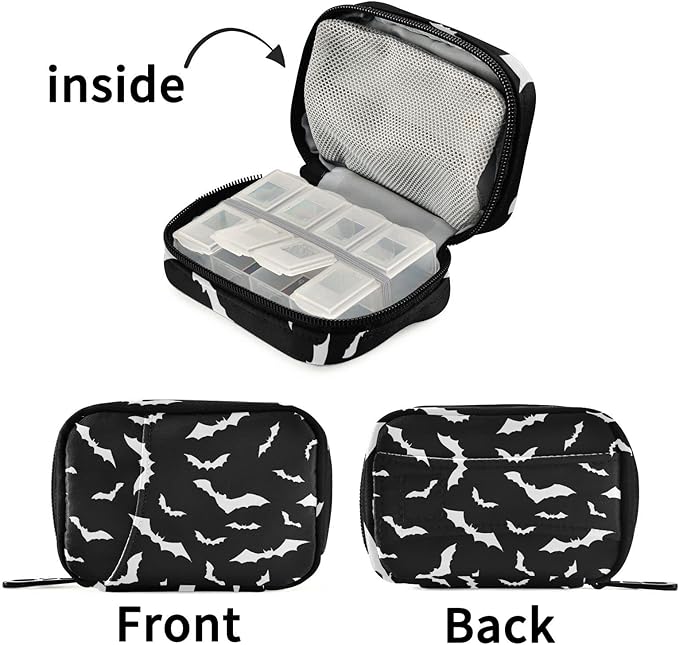 Pill Box Halloween Bats 7 Day Pill Case Travel Pill Organizer Bag with Zipper Portable Weekly Vitamin Medicine Supplement Holder Pouch Bag