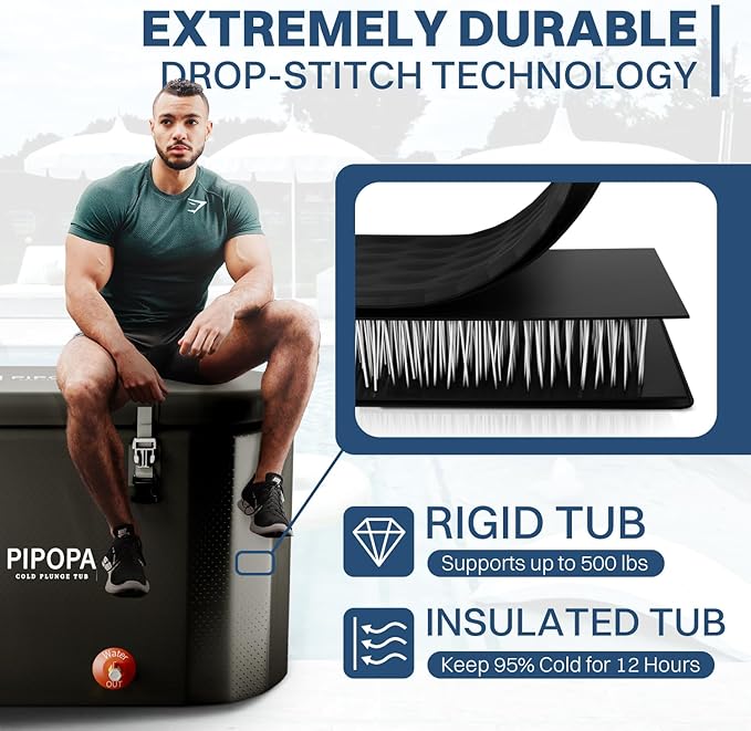 PIPOPA Inflatable Ice Bath Tub for Athletes | Water Chiller Compatible | Long-Lasting Insulation | Outdoor, Indoor, Portable | Drain Valve Included - XXXL 65"L x 30"W x 32"H