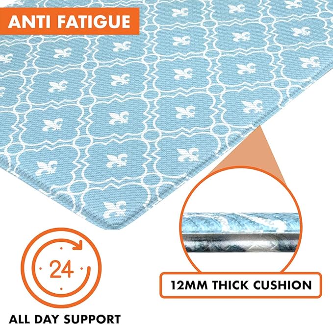 OPUX Anti Fatigue Kitchen Floor Mat, Reversible Cushioned Memory Foam Kitchen Rug Pad, Waterproof Non-Slip Padded Comfort Standing Mat Office Laundry Home, 47x17 (Floral Tile Blue)