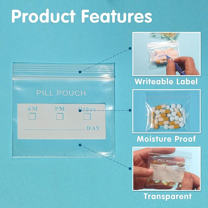250 Packs 6 Mil Sturdy Pill Bags BPA Free Pill Pouch 3 x 2.75 Inch with Writable Label Handy Small Ziplock Plastic Bags for Travel Pill Organizer, Jewelry and Small Craft Pieces and Easy to Use