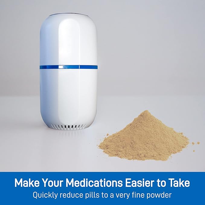 Electric Pill Crusher Grinder - Fine Powder Electronic Pulverizer for Small & Large Medication & Vitamin Tablets - Comes with Pill Organizer, Brush, Spoon, Cloth & Stainless Steel Blades by Pill Mill