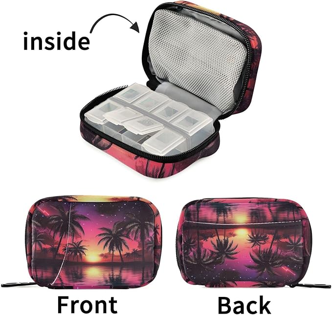 Travel Pill Case Palm Trees Sunset Stars Weekly Small Pill Box 7 Day Pill Box Pill Organizer Bag