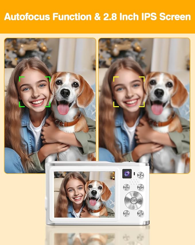 4K Digital Camera for Photography, 48MP Dual Cameras for Photography, 16X Digital Zoom Point and Shoot Cameras with 32GB Card & 2 Batteries Camera for Boys Girls Kids - White