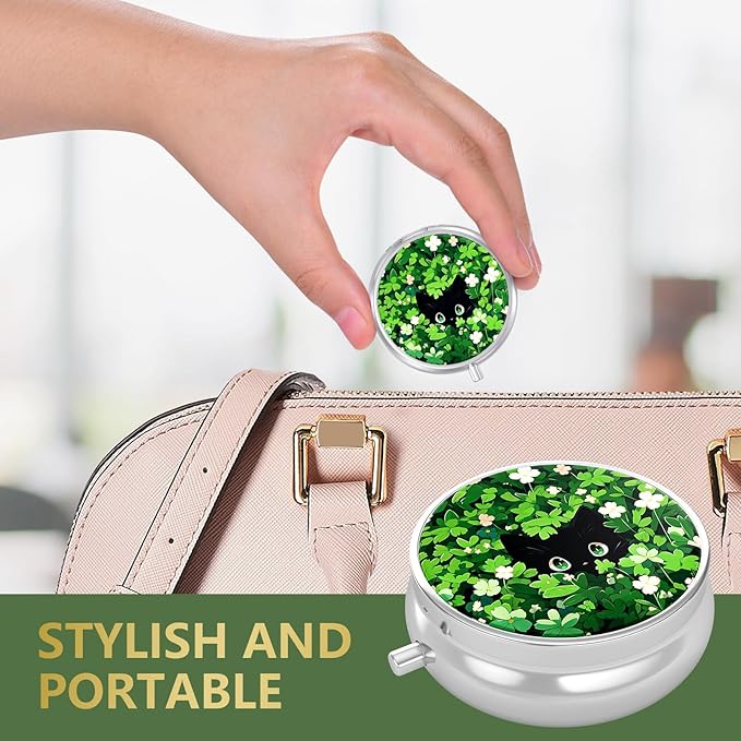 Nipichsha Pill Box, Small Pill Case for Purse & Pocket, Cute Travel Medicine Organizer, Portable Medicine Container Holder to Hold Vitamins, Medication, Fish Oil & Supplement, Green Leave Cat