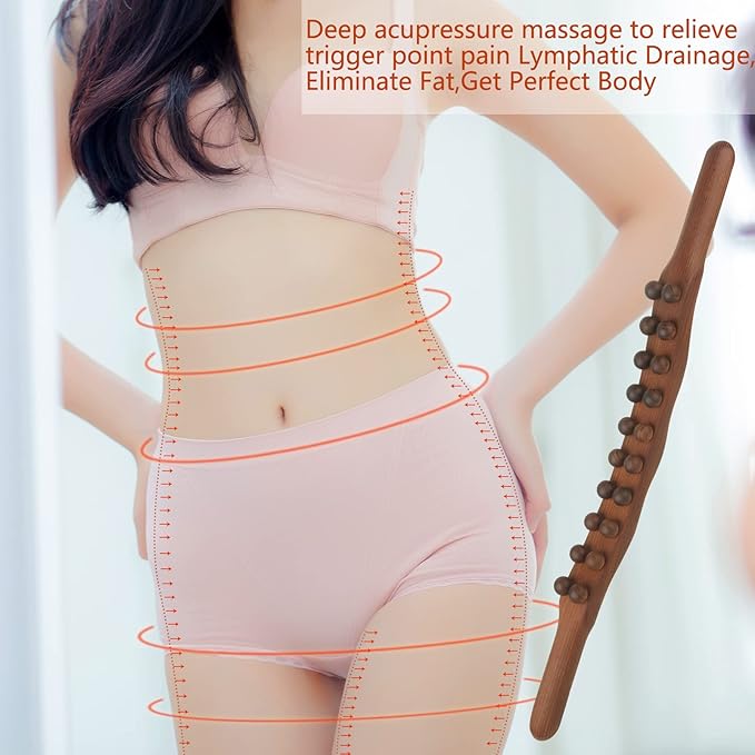 Wood Therapy Lymphatic Drainage Massage Roller Stick Tools, Myofascial Release Tool Stomach Cellulite Massager, Ease Neck Back Waist and Leg Pain Handheld Self Body Sculpting Massage Tool (20 Beads)