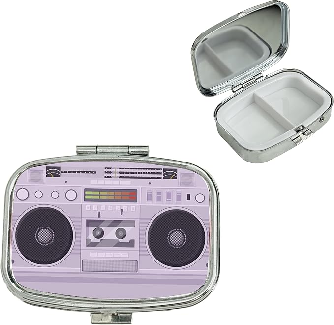 2 Compartment Pill Organizer Metal Portable Pill Box 2 Times a Day for Vitamin,Supplements 80s Retro Radio(Radio02)