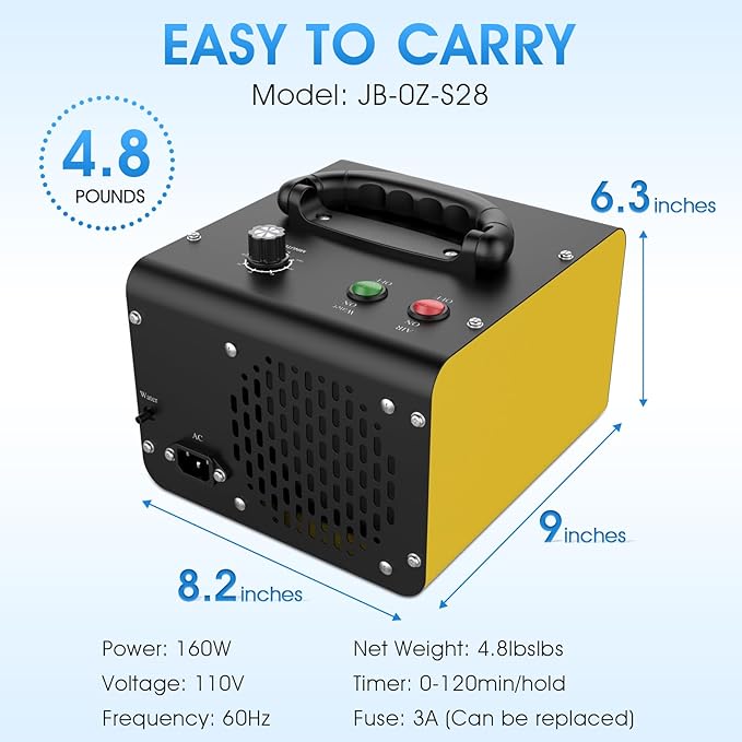 JOBYNA Ozone Generator Water Air, 28,000mg/h Air Mode & 500mg/h Water Mode Ozone Air purifier, High Capacity Home & Industrial & Commercial Ozone Machine for Car, House, Room, Smoke, and Pets