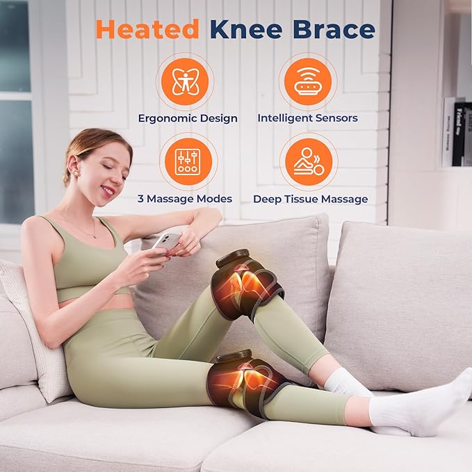 Cordless Heated Knee Massager, 3-in-1 Knee Heating Pad with Heat Vibration, Electric Heated Knee Brace with 3 Heat Levels and 3 Massage Modes &Timer, Gifts for Men Women (1 PCS)