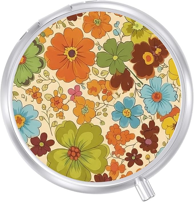 Round Pill Case Small Pill Box with Mirror Pocket 3 Compartment Vitamin Pill Medicine Case Organizer Pill Containers for Traveling Vintage Flower Two