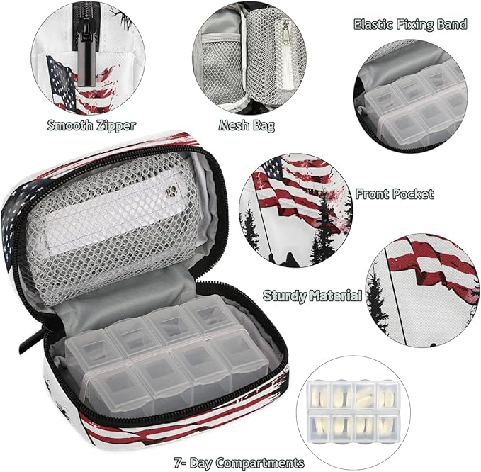 American Flag Orangutan Woods Travel Pill Organizer Box Weekly Portable Pill Case Daily Pills 7 Day Small Birth Control Pills Container Removable Compartments for Medicine Vitamins Fish Oil