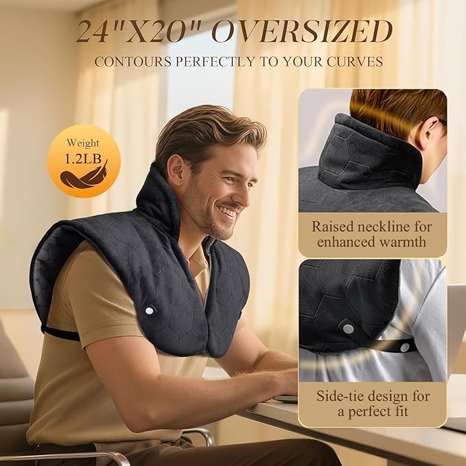 Far Infrared Heating Pad for Neck and Shoulders – 2X Carbon Fiber 6X Deeper Heat for Fast Relief from Chronic Pain in Seniors – 8 Heat Levels, 4H Auto Shut Off, Ideal for Winter (Black)