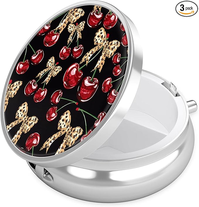 Leopard Bow Cherry Pill Case, Pill Box 3 Compartments Metal Small Pill Holder with Mirror Mini Travel Pill Container for Purse Pocket Women Men