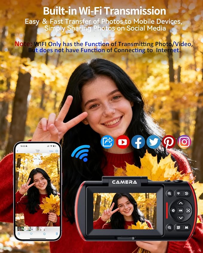 4K Digital Camera for Photography Autofocus,64MP WiFi Vlogging Camera with 3” 180° Flip Screen for YouTube,18X Zoom Travel Camera for Beginners,32GB Card & Rechargeable Battery (Black)