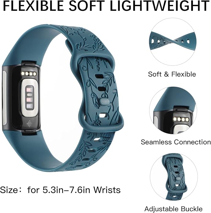 Flower Engraved Bands Compatible with Fitbit Charge 5 Band/Charge 6 Bands Women Cute Floral Engraving Soft Silicone Sport Strap Replacement Wristband for Fitbit Charge 5/6 Tracker Accessories