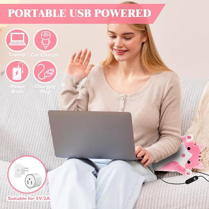 Cat Heating Pad for Period Cramps Menstrual Pain Relief, Portable Electric Heat Pads USB Powered, Cute Cats Plush Stuffed Animals Funny Gifts for Women Teen Girls Cat Lovers Birthday Easter Christmas