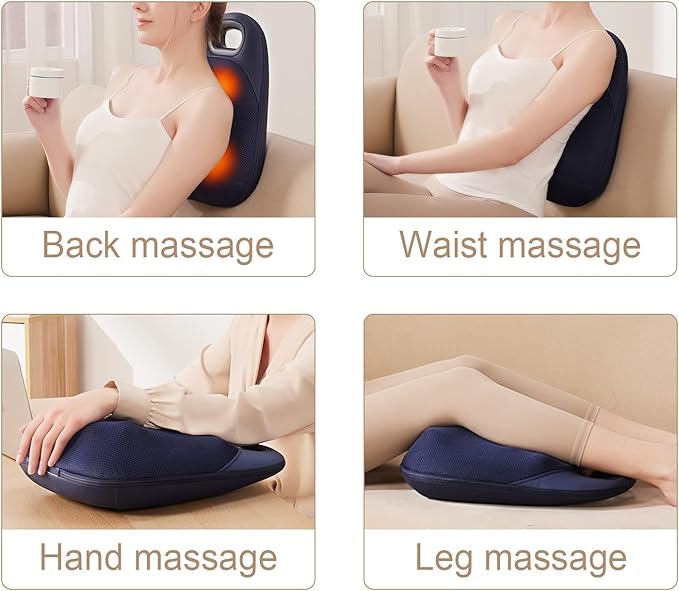 Shiatsu Neck and Back Massager ,With Heating and Bidirectional Rotation Heads ,4D Electric Massage Pillow with 4 Nodes ,Neck Back Shoulder Foot Pain Relief, Portable & Rechargeable, Holiday Gift