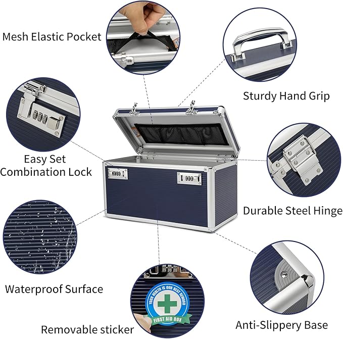 Lockable Medication Box with Portable Storage Case, 14.2 x 7.2 x 8.2 Inch, Childproof Medicine Lock Organizer, Locking Box for Money, Documents & Meds (Blue/Large)