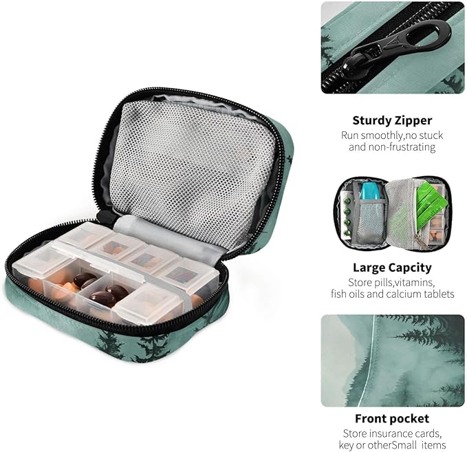 Green Mountains and Pine Trees Travel Pill Organizer Weekly Small (Cute) Pill Box 7 Day Pill Case Vitamin Holder Pill Bottle Organizer