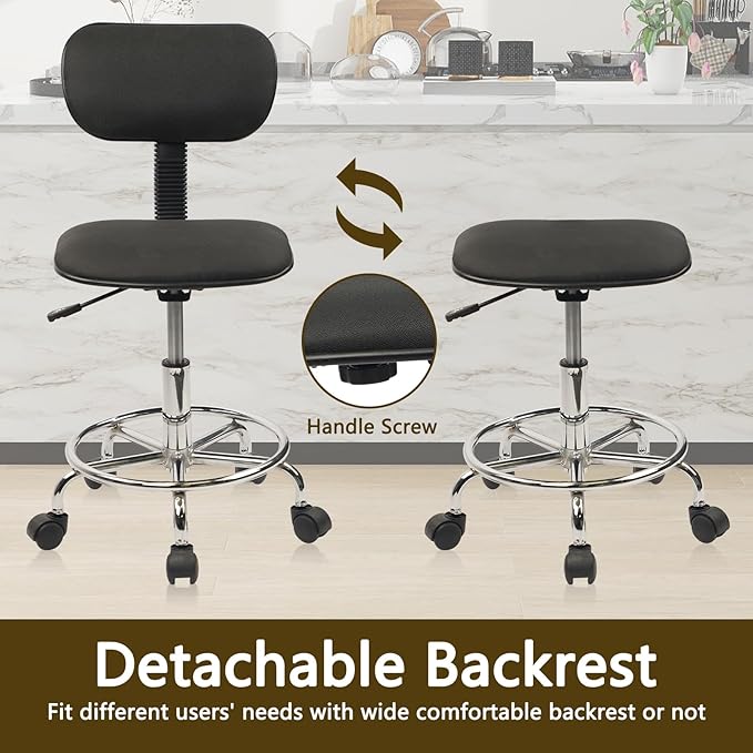 Low Wide Rolling Swivel Stool with Backrest, Adjustable Height Salon Chair Stools with Footrest for Spa Tattoo Office Desk Massage Task Lash Barber Facial, Black 1PK