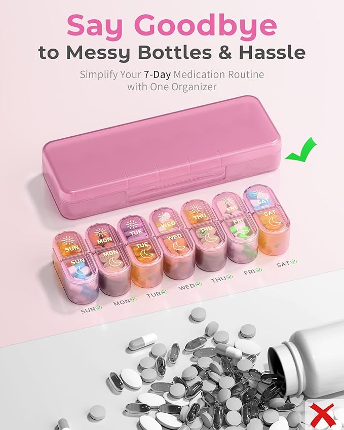 Pill Organizer 2 Times a Day, AM PM Pill Organizer 7 Day, Weekly Pill Box 2 Twice a Day, Travel Pill Case 7 Days, Medicine Organizer for Medication, Vitamins, Fish Oils, Supplements