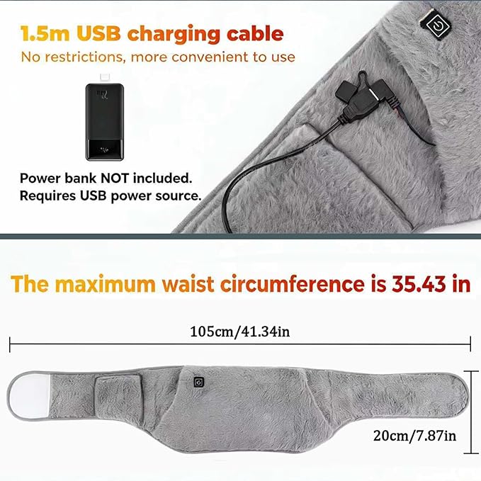 3-in-1 Heating Waist Belt: Heating Pad for Back Comfort & Warmth + Portable Hand Warmer, USB Powered (Power Bank Not Included), 3-Temp Adjustable Heat Wrap for Women, Gray