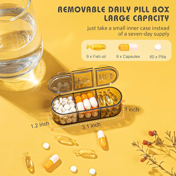 Weekly Pill Organizer/ Dispensers, 3 Times A Day, 7 Day Large Compartments Travel Pill Container/ Box, Moisture-Proof Medicine Case for Fish Oil Vitamins Pills (Transparent Black)