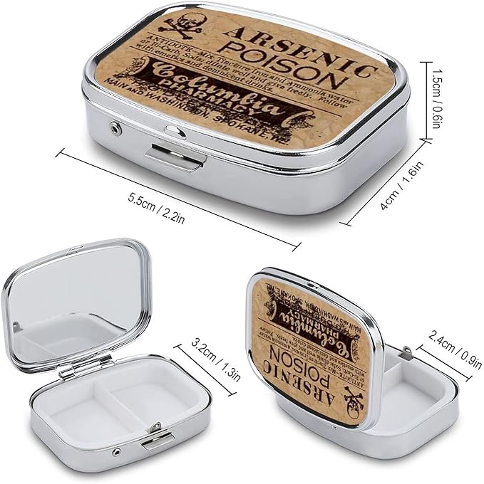 Metal 2 Compartment Pill Organizer Travel Friendly Portable Compact Pill Box Cute Pill Case,for Pocket Wallets Daily Portable Medicine Vitamin Tablet Storage (Arsenig Poison)