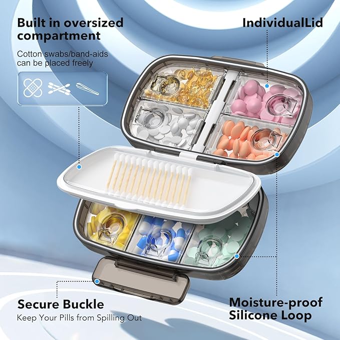 Travel Pill Organizer airtight Medicine Storage Container Pill Box for Purse Vitamin Large Compartments Portable Medication Pocket Pharmacy with Labels Supplement Holder Pill Case