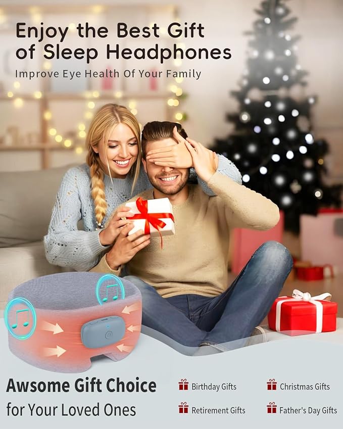 Heated Music Sleep Mask - Eye Mask for Sleep with Heat & Music, 3 Heat Levels, Bluetooth 6.0, Soft Fabric for Eye Strain, Dry Eyes & Migraine Relief - Unisex, Light Gray