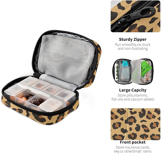 Leopard Print Pill Box 7 Day Pill Case Travel Pill Organizer Bag with Zipper Portable Weekly Vitamin Medicine Supplement Holder Pouch Bag