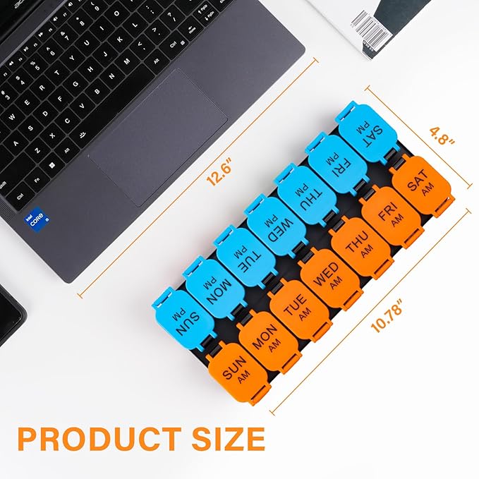 Large 7 Day Pill Organizer, XL AM PM Twice a Day Medicine Storage Box, Big 2 Week Pill Holder for Pills, Vitamins & Supplements, Travel Pill Case for Medication (Blue+Orange)