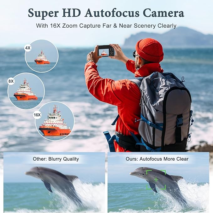 4K Digital Camera, 64MP Rear and Front Camera for Photography and Video Autofocus Anti-Shake, 3'' Selfie Flip Vlogging Camera with Ultra Bright Flash, Camera with Dial 16X Zoom (2 Batteries+Charger)
