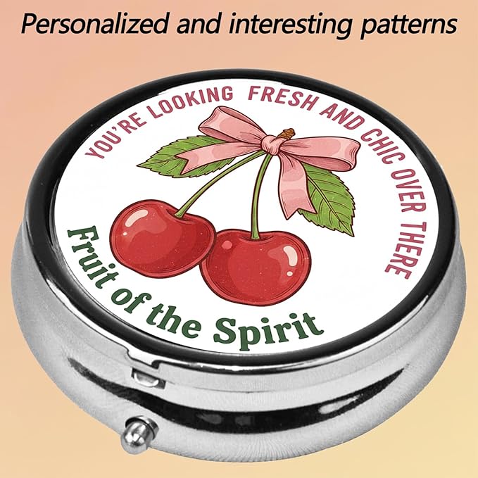 Round Pill Case Small Pill Box with Mirror Pocket 3 Compartment Vitamin Pill Medicine Case Organizer Pill Containers for Traveling Cherry Bow Positive